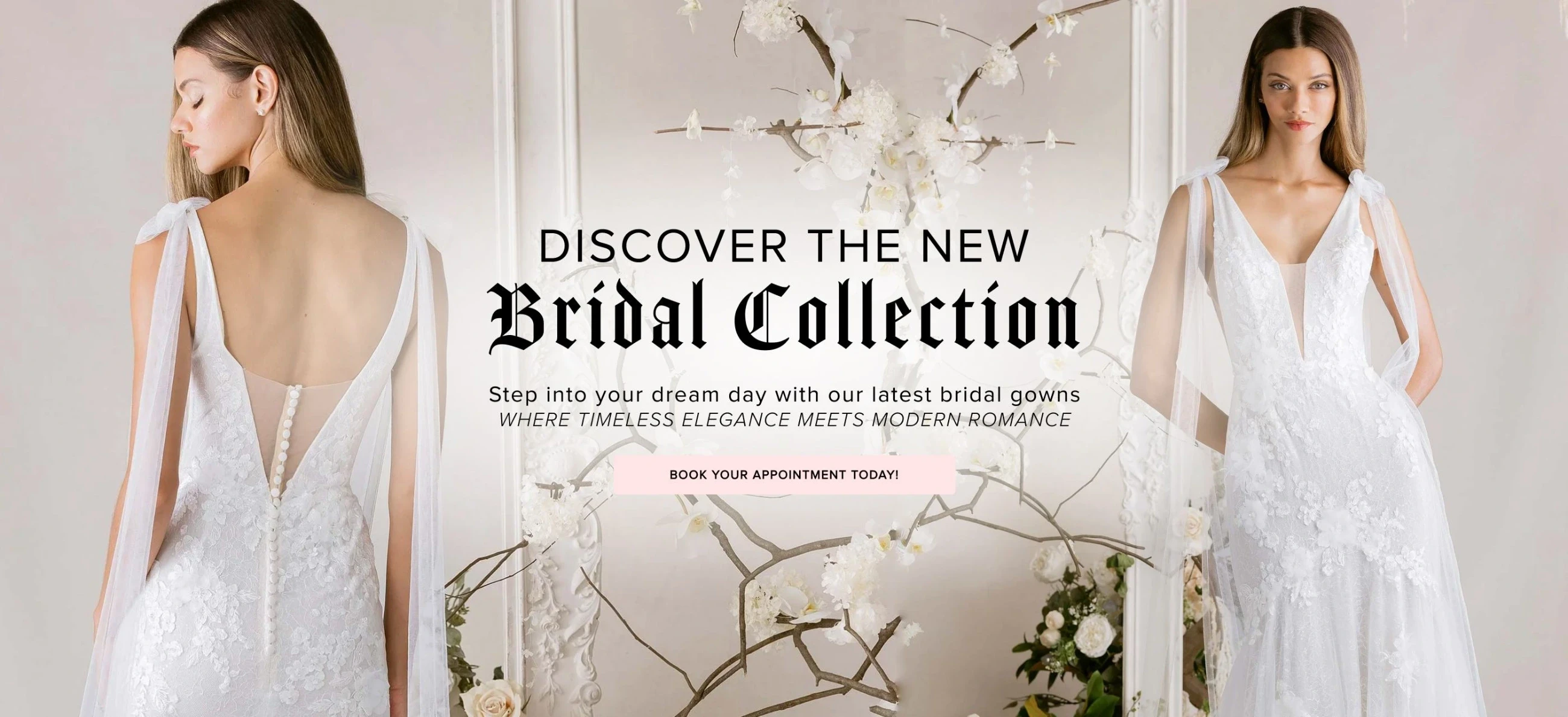 Model wearing Morilee bridal gowns, desktop banner