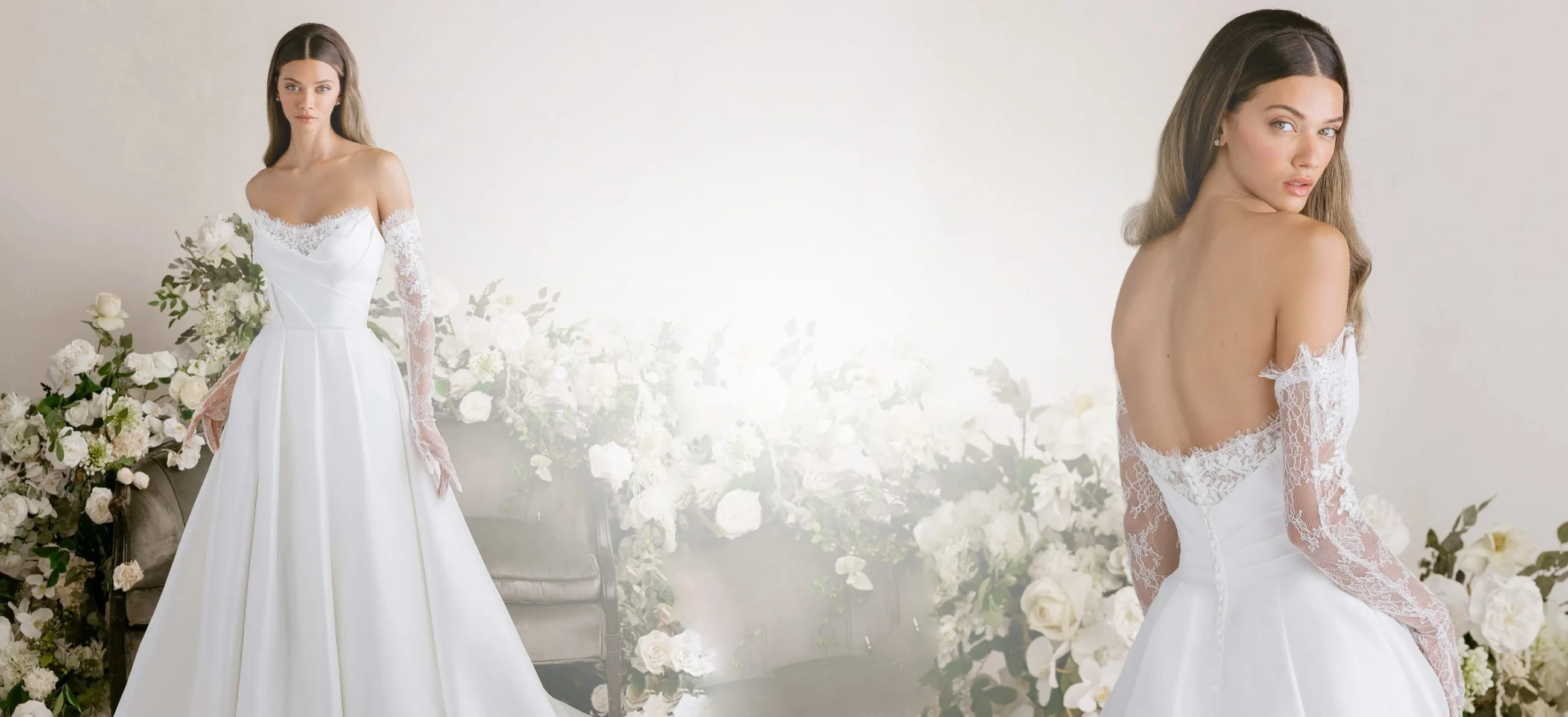 Models wearing Morilee bridal gown, desktop banner