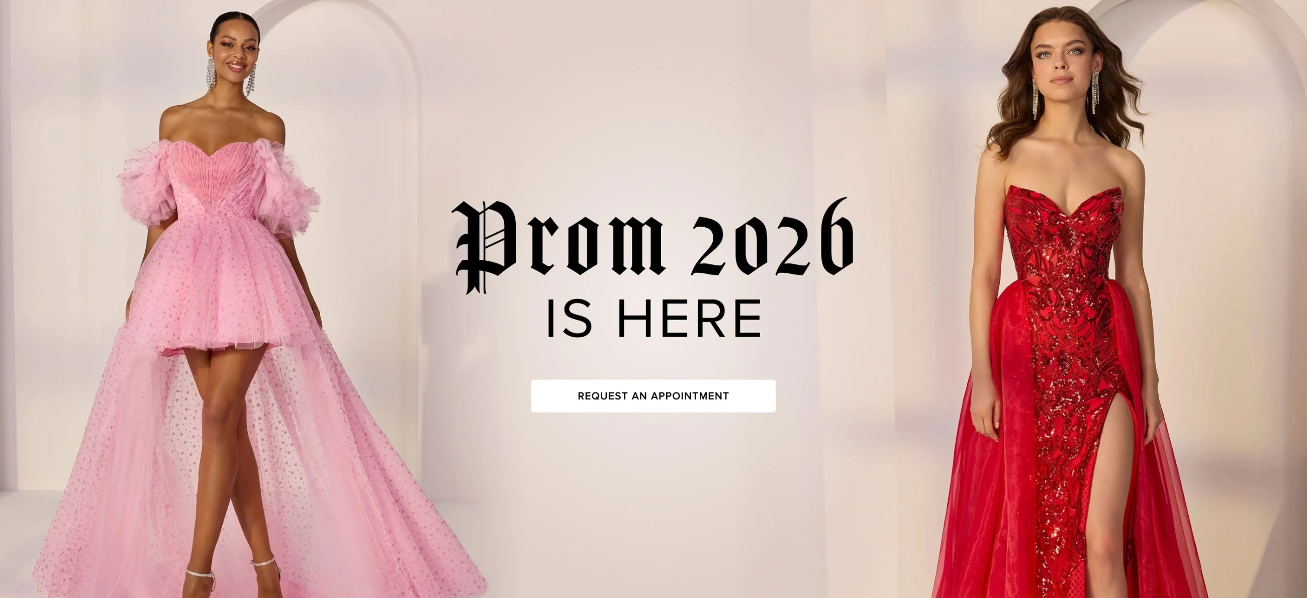 Models wearing Morilee 49258 and 49280 prom dresses, Prom 2026 desktop banner