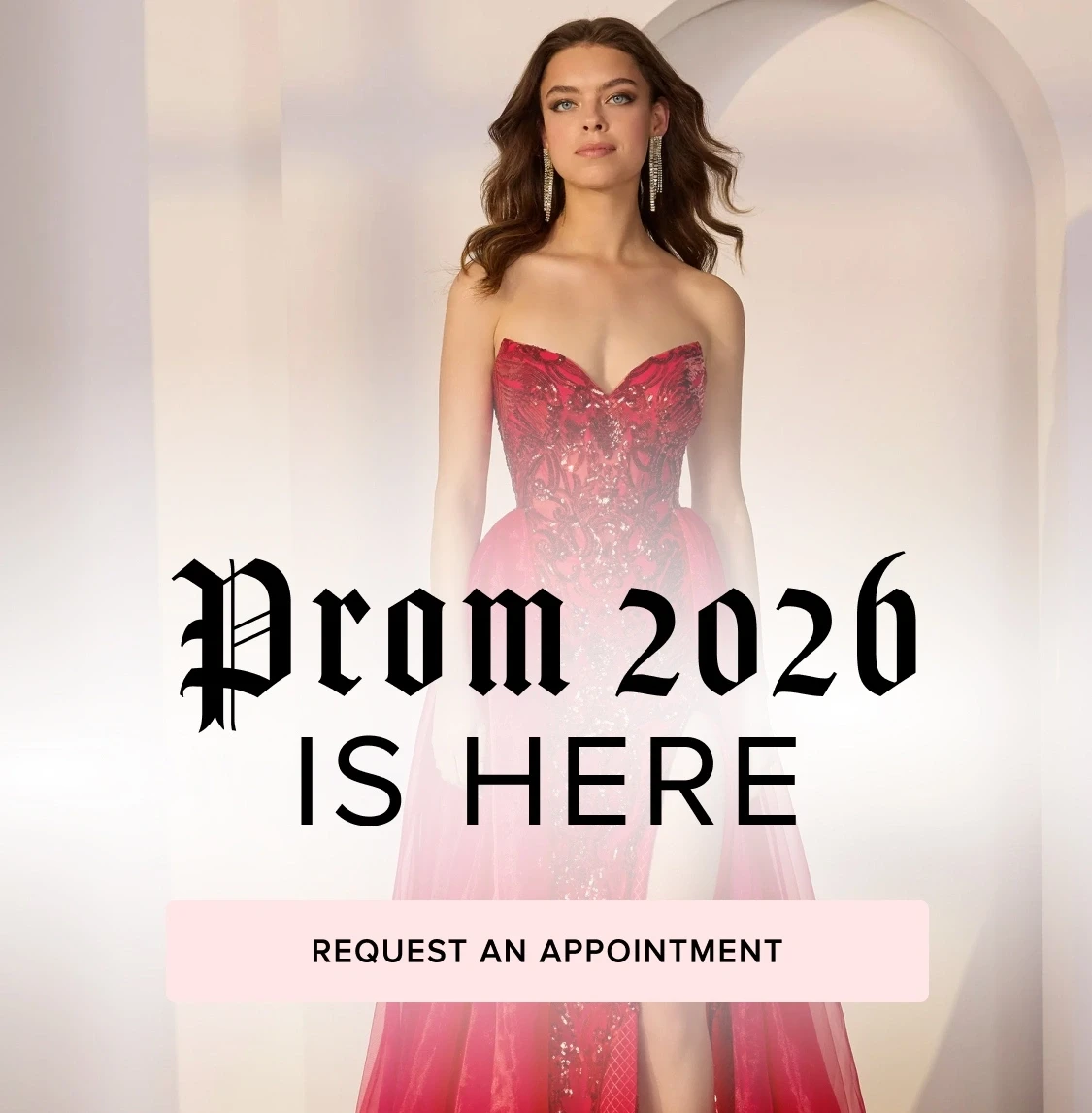 Model wearing Morilee 49258 prom dress, Prom 2026 mobile banner
